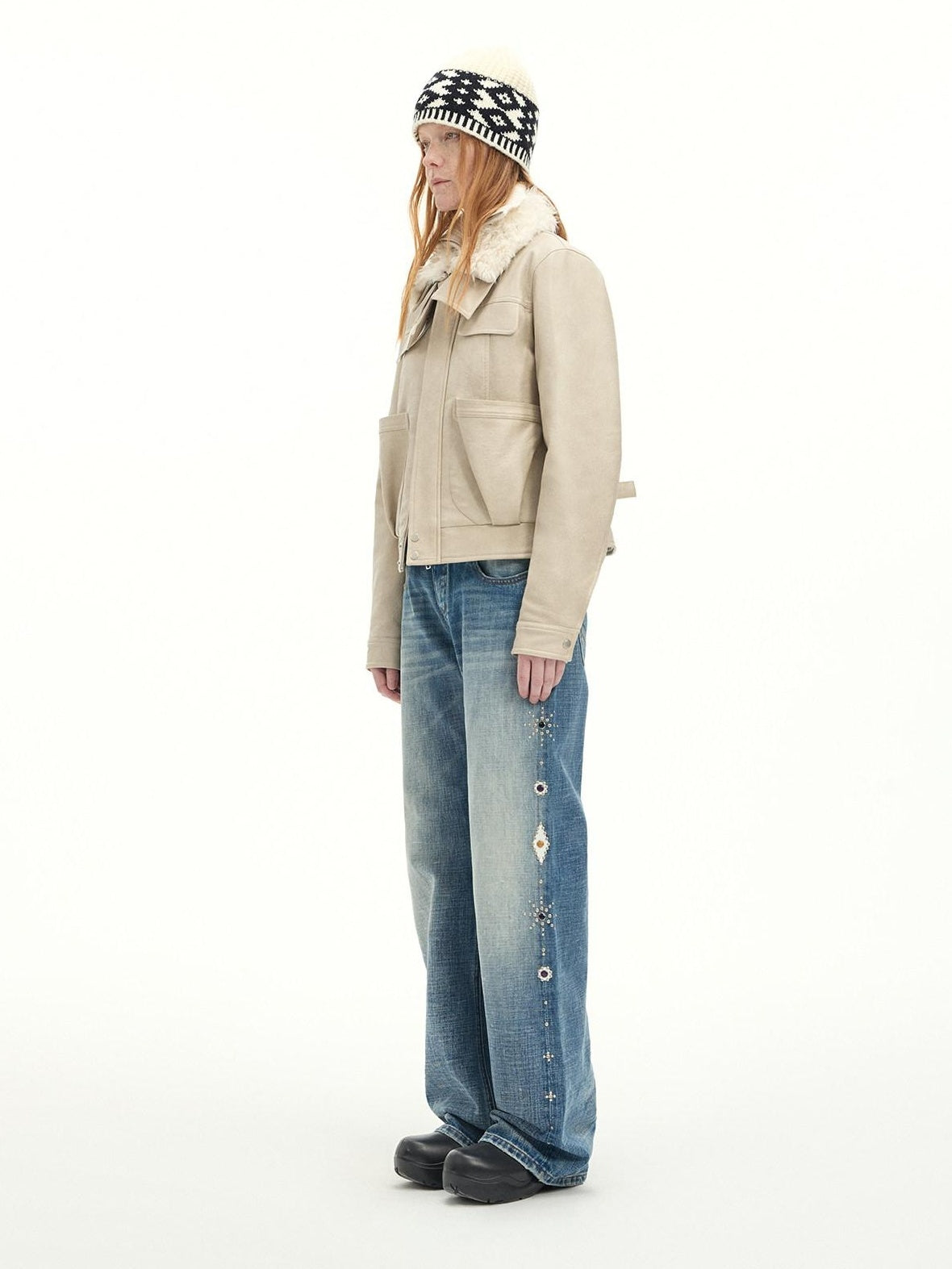 RUN TO THE FUTURE Washed Embroidered Low Rise Straight Cotton Button Fly Women Blue Wide-Leg Jeans