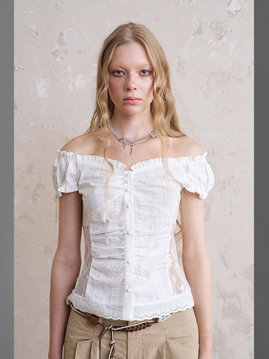 DIDDI MODA White Lace Top Petal Hem Skirt Women&