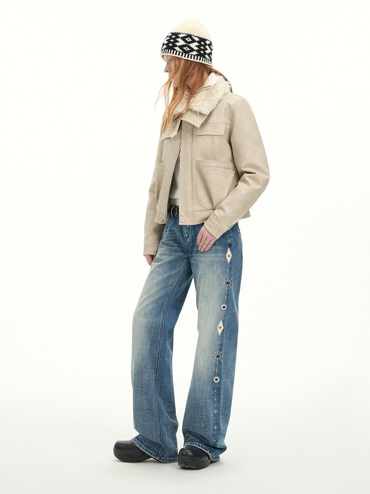 RUN TO THE FUTURE Washed Embroidered Low Rise Straight Cotton Button Fly Women Blue Wide-Leg Jeans