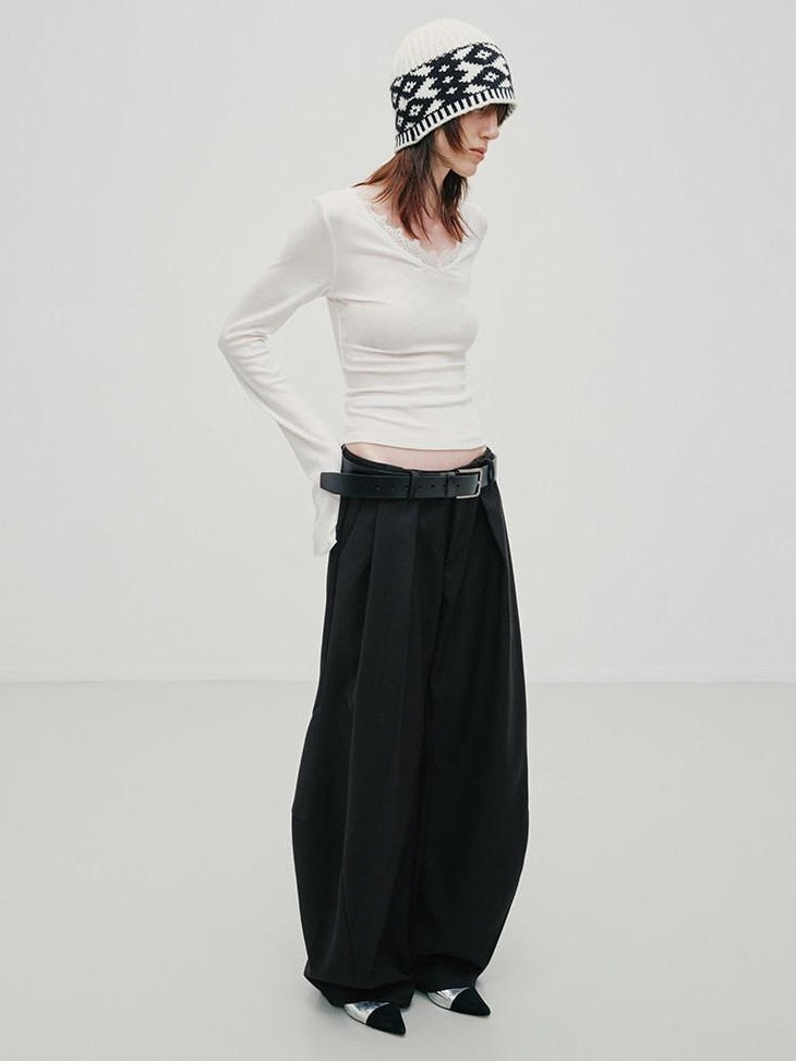 RUN TO THE FUTURE Pleated Minimalist Mid Rise Micro Stretch Casual Loose Fit Black Wide-Leg Pants