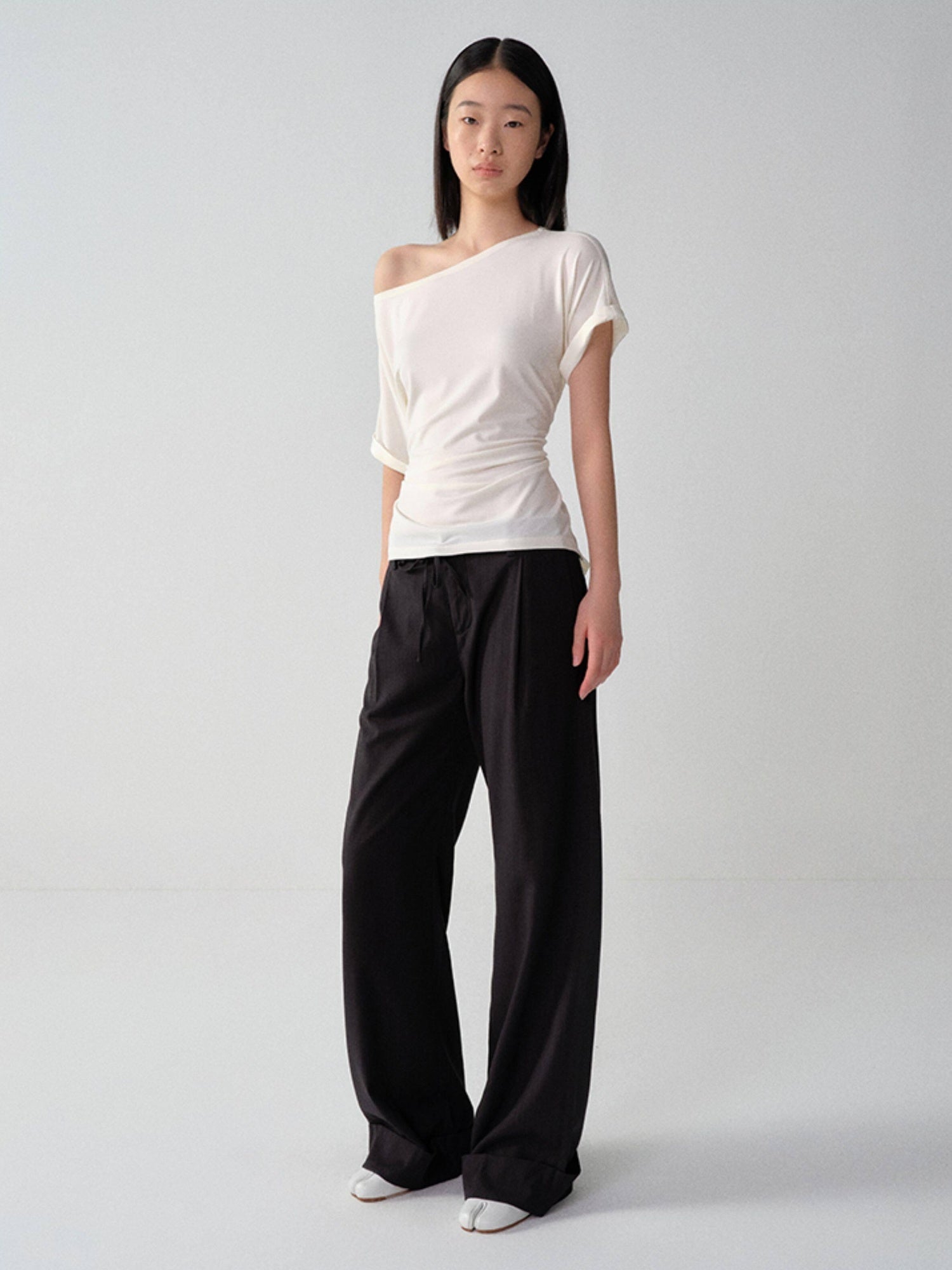 RUN TO THE FUTURE Low Waist Zip Fly Minimalist Relaxed Wide Leg Black Red Stripe Straight Pants