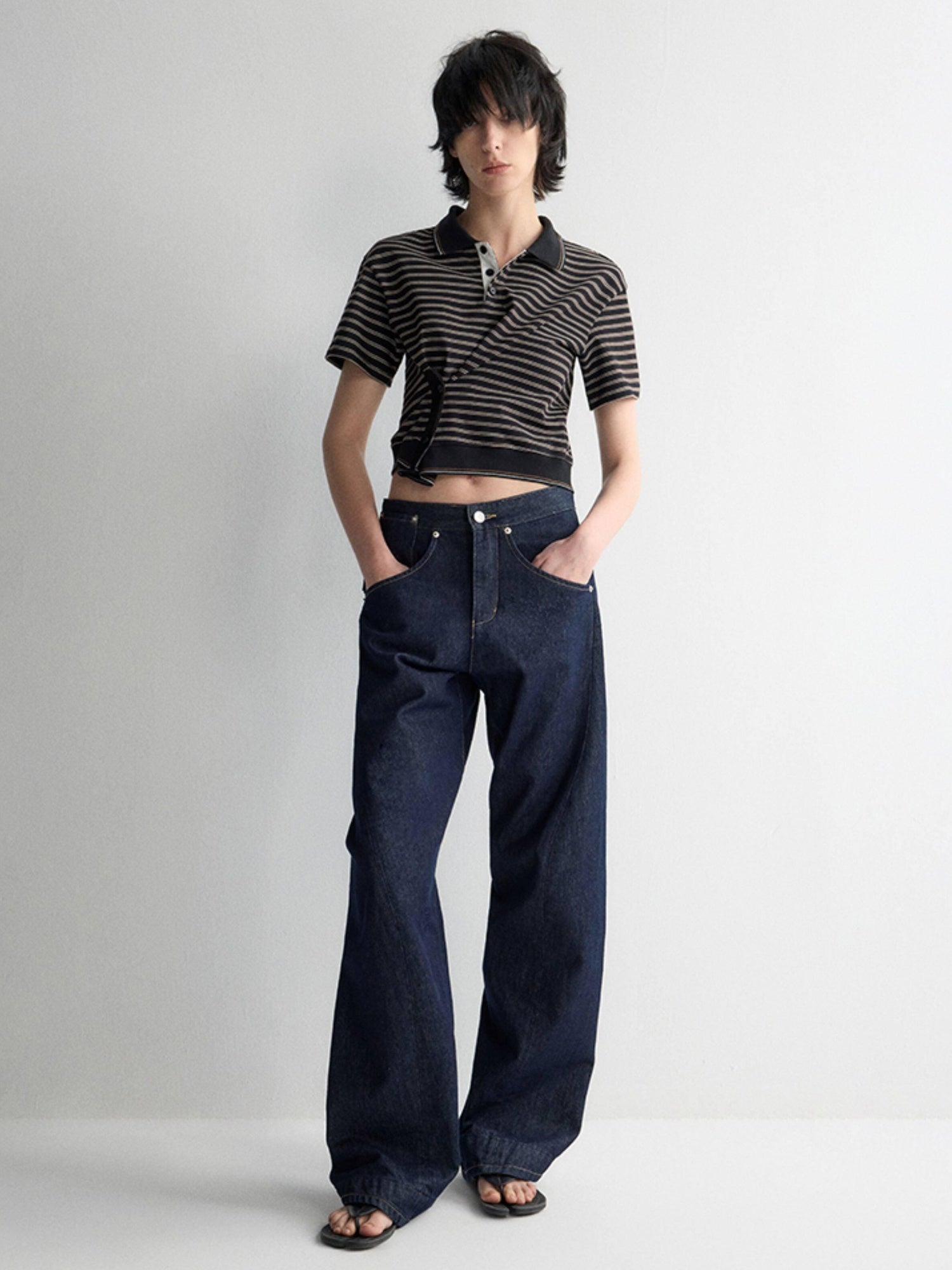 RUN TO THE FUTURE Breathable Cotton Slim Fit Asymmetric Henley Striped Low Waist Women Crop Tops