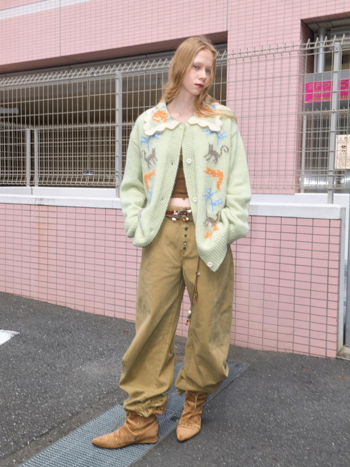 OuttheBlue Warm Acrylic Wool Commuter Loose Jacquard Mint Green Cardigans