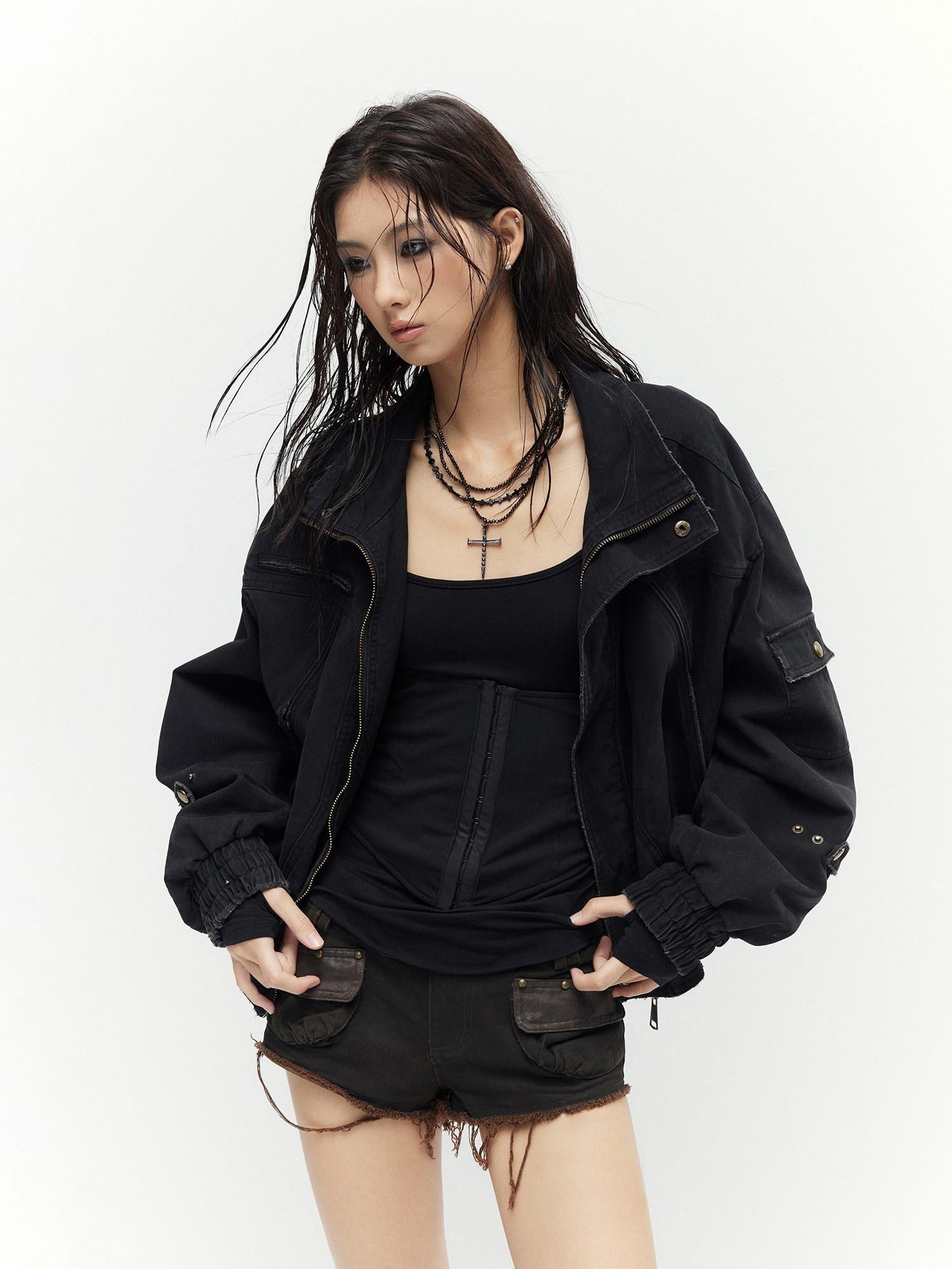 Low pixel Low Rise Khaki Patchwork Dark Aesthetic Slim Fit Cotton Zip Fly Mini Shorts