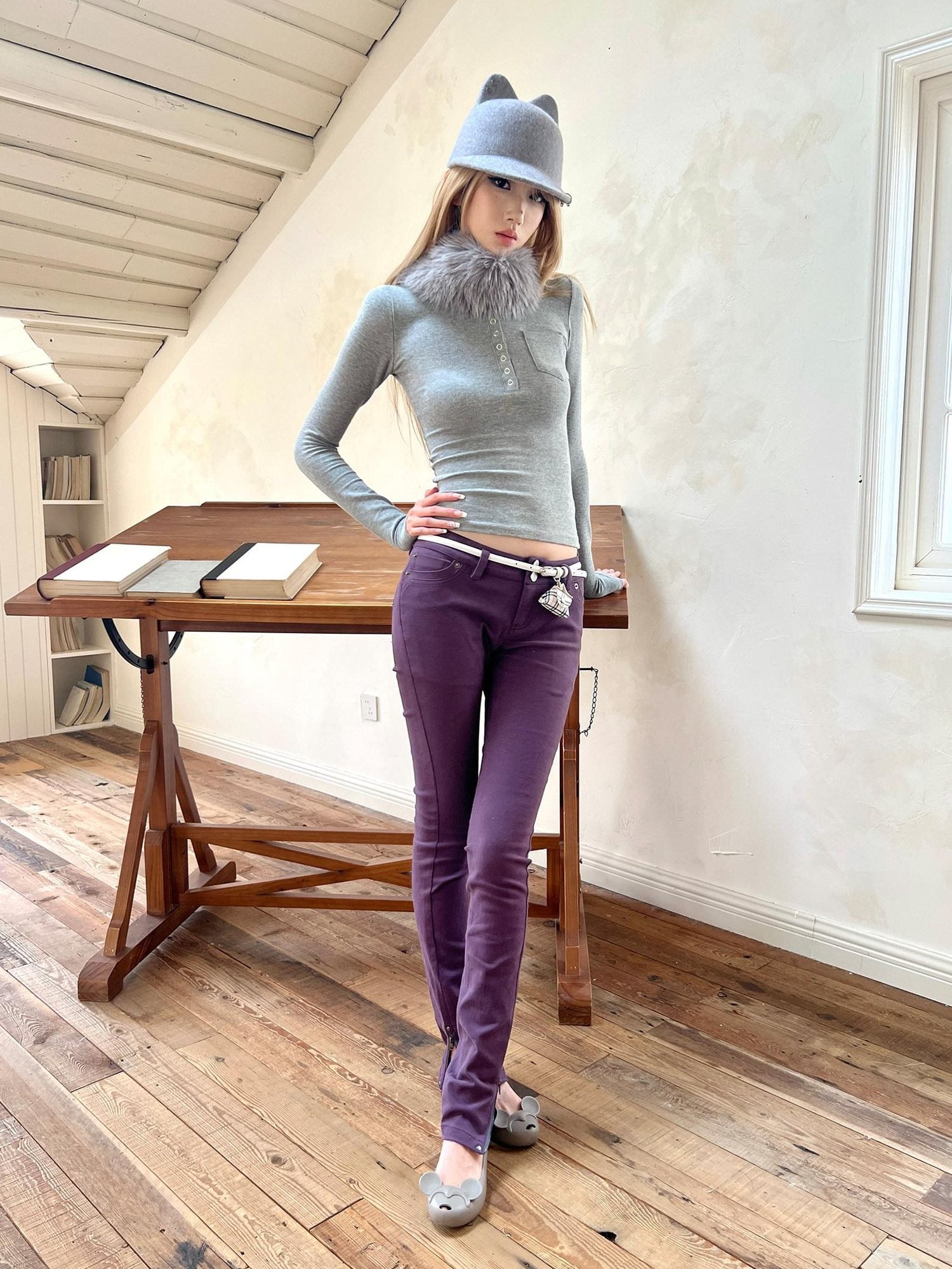 nit alcove High Stretch Printed Cotton Low Waist Slim Button Fly Straight Pants