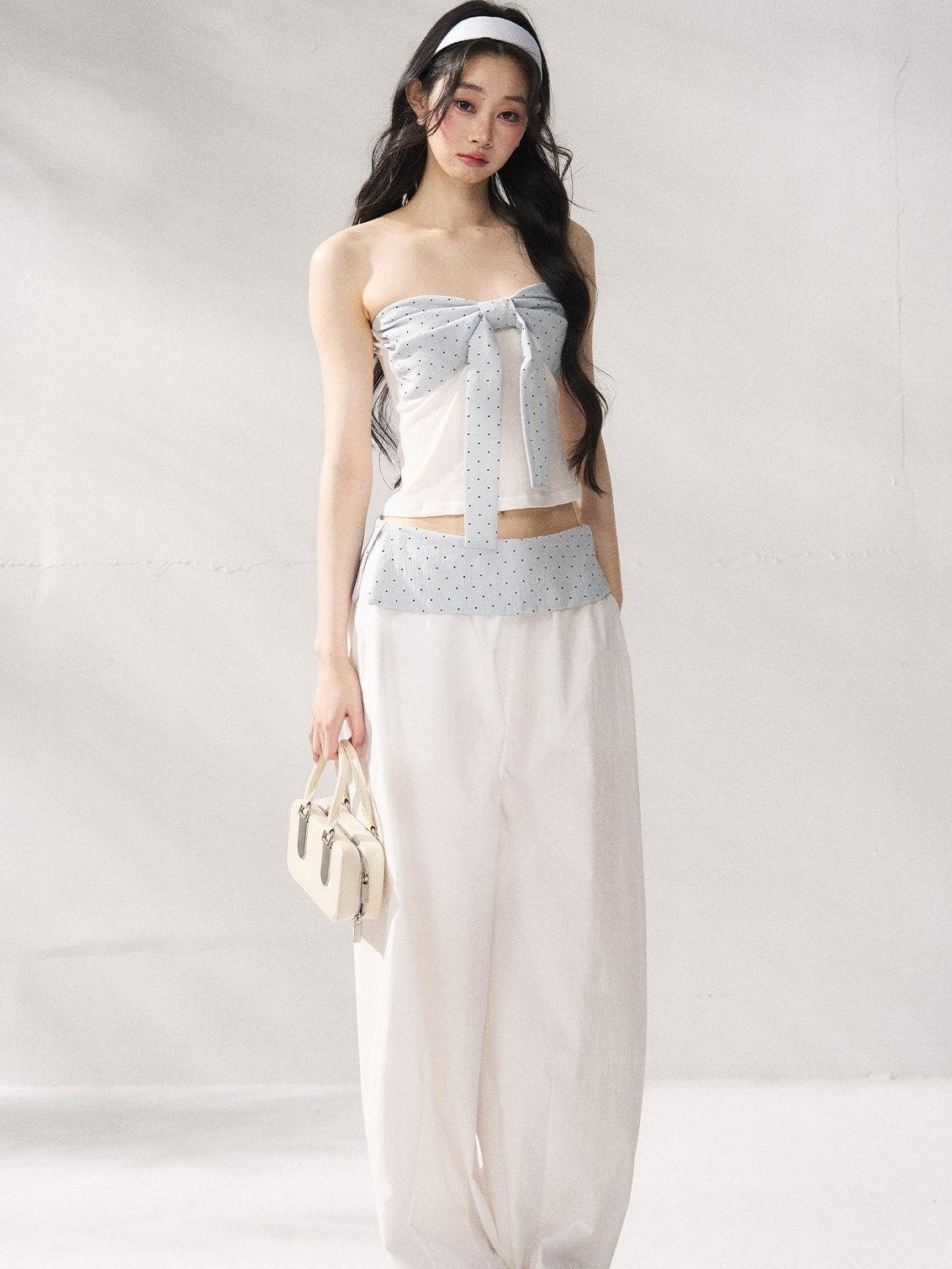 7Shiftin Polka Dot Bow Cropped Three Piece High Waist Sleeveless Women Top & Pants Sets