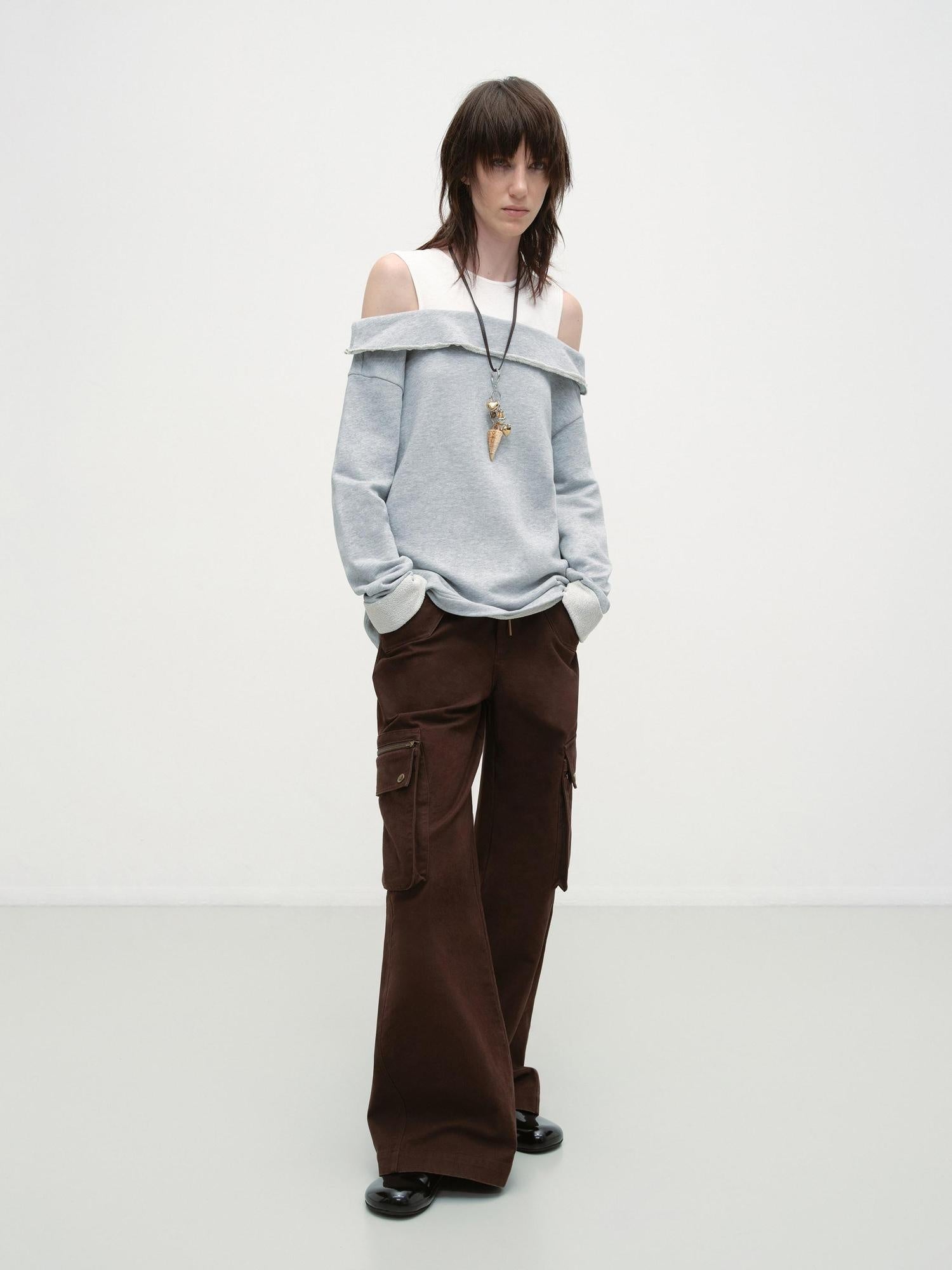 RUN TO THE FUTURE Gray White Patchwork Layered Loose Crewneck Commuter Women Pullover Sweatshirts