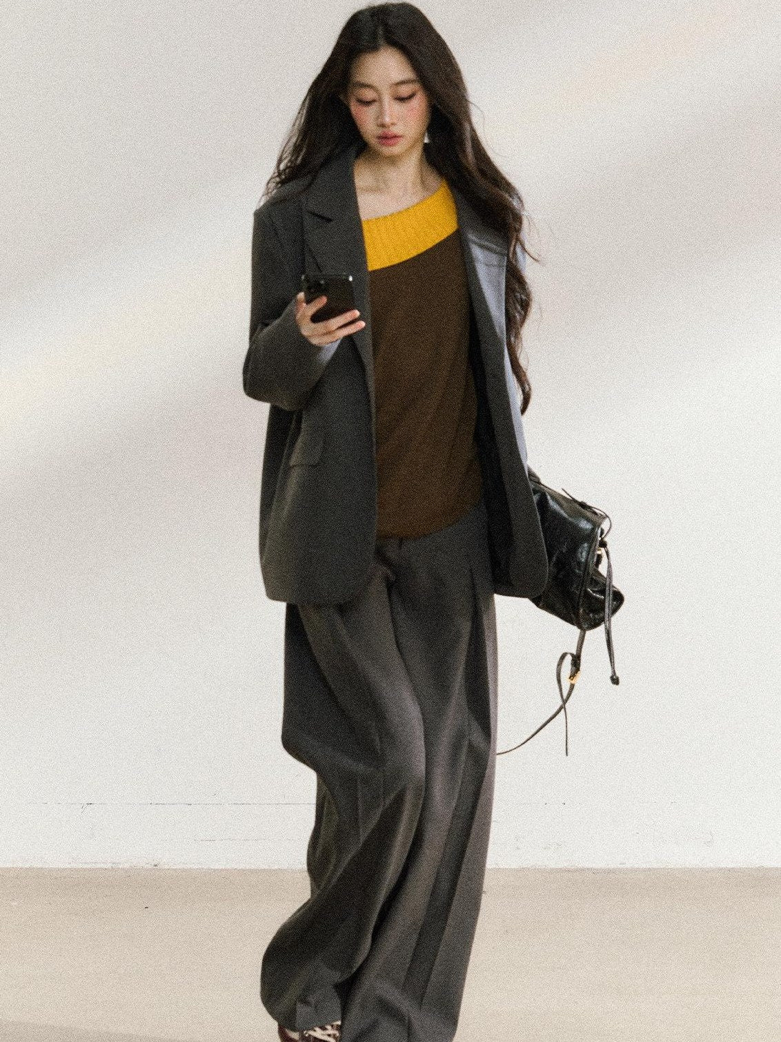 7Shiftin Light Polyester Relaxed Fit Midlength Longsleeve Women Office Dark Gray Blazers