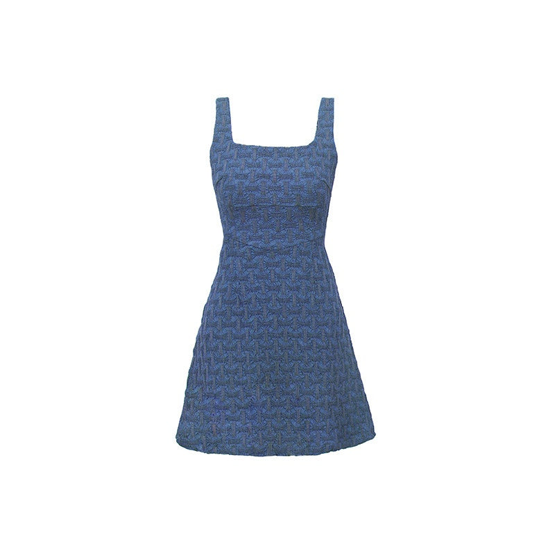 The NeverMore Embroidered High Waist Cotton A Line Square Neck Casual Women Blue Mini Dresses
