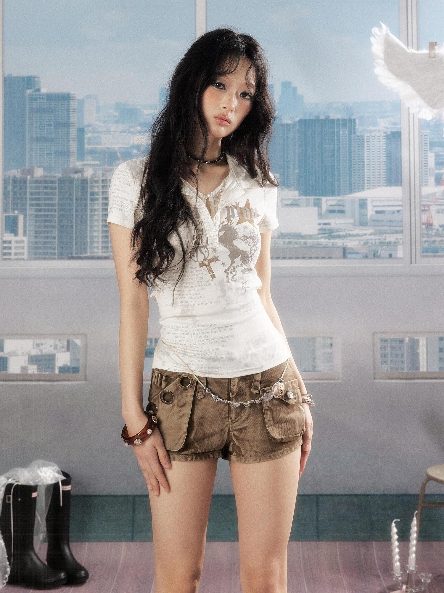 ALL iN plan Soft Stretch Cotton Blend Letter Print Cinched Waist A Line Sleeve Women T Shirt
