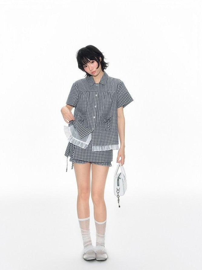 NAPSNAPS Check Patchwork Two Piece Illusion Spliced Gauze Women&
