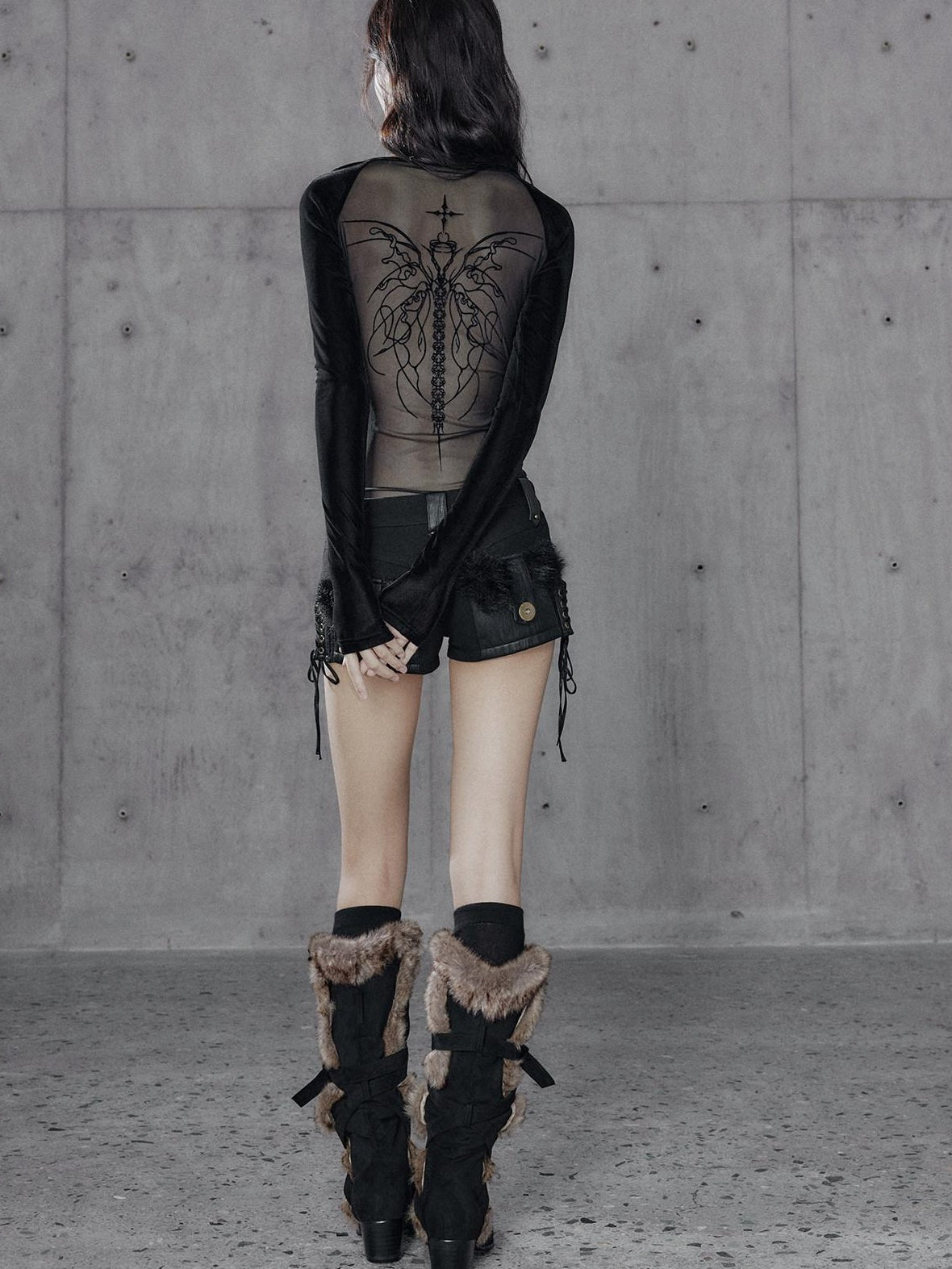 Low pixel Flocked Velvet Mesh V-neck Slim Dark Aesthetic Daily Wear Long Sleeve Crop Tops