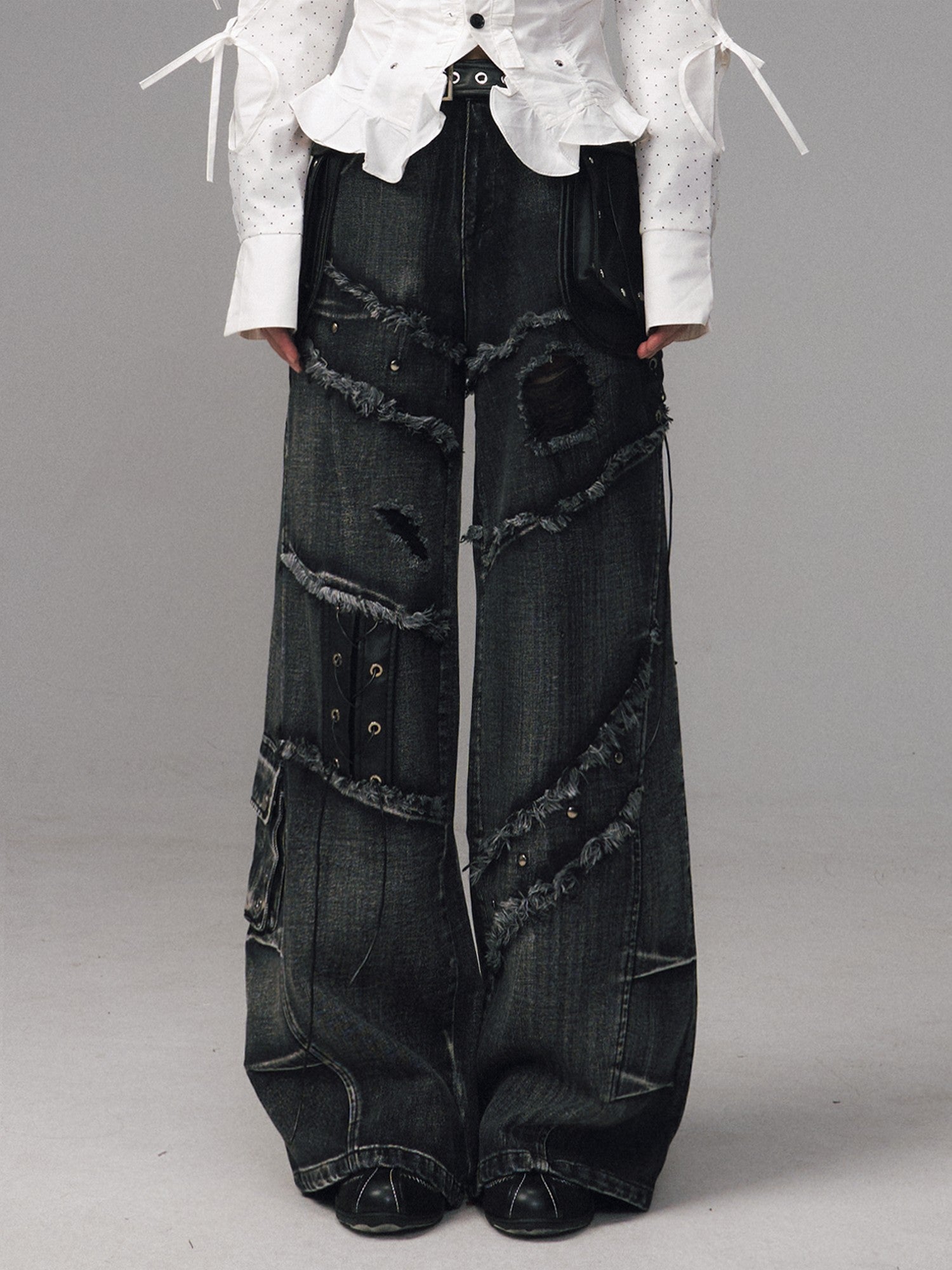 Frustration Garden Black Grey Street Punk Lace Up Frayed Rivet Women&
