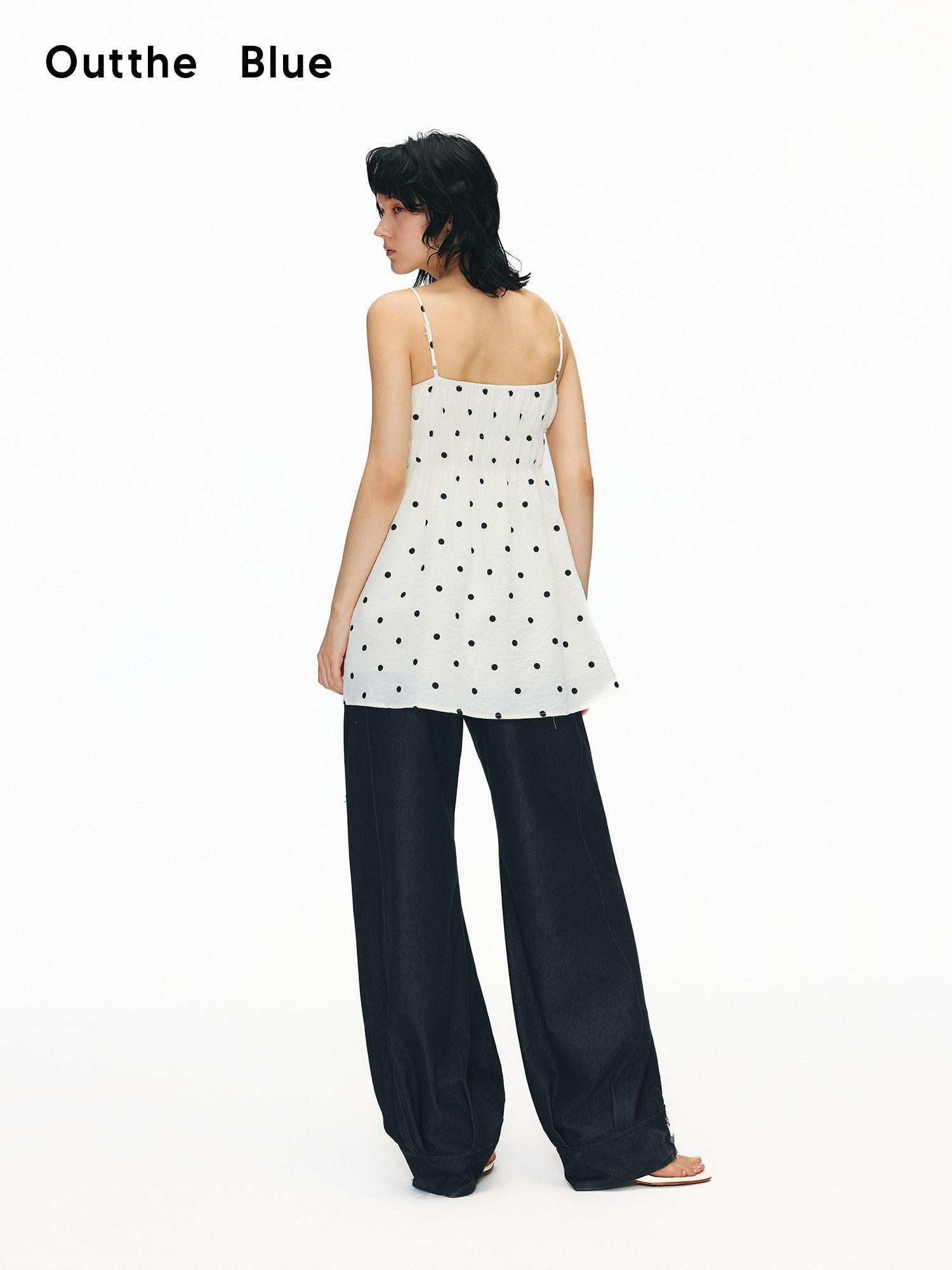OuttheBlue Soft Cotton Loose Fit Polka Dot Spaghetti Strap Beige Slip Mini Dresses