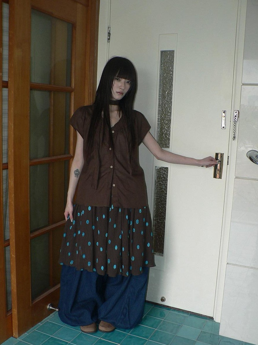 ang project Deep Blue Vintage Pleated Elastic Waist Loose Fit Women&