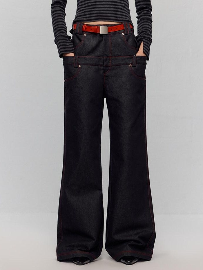 RUN TO THE FUTURE Low Rise Colorblock Loose Fit Zip Fly Black Denim Stretch Wide-Leg Jeans