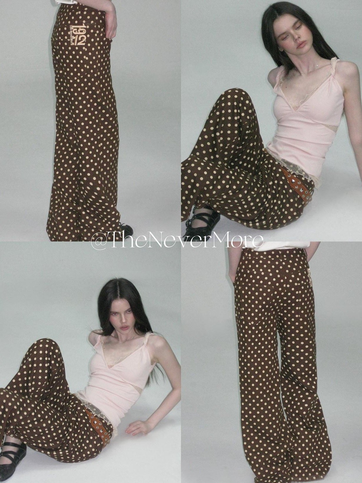 The NeverMore Cotton Polka Dot Vintage Natural Waist Casual Women Brown Straight Leg Jeans