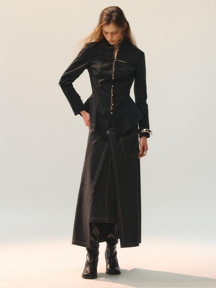 AnnoMundi Waist Cinch Fitted Casual Long Sleeve Stand Collar Cotton Blend Women Blouses