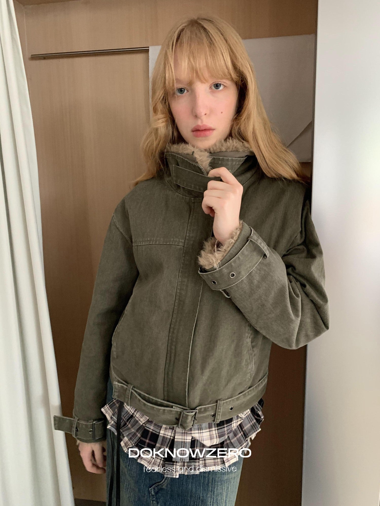 DKZ OFFICIAL Olive Green Fur Collar Washed Vintage Women&