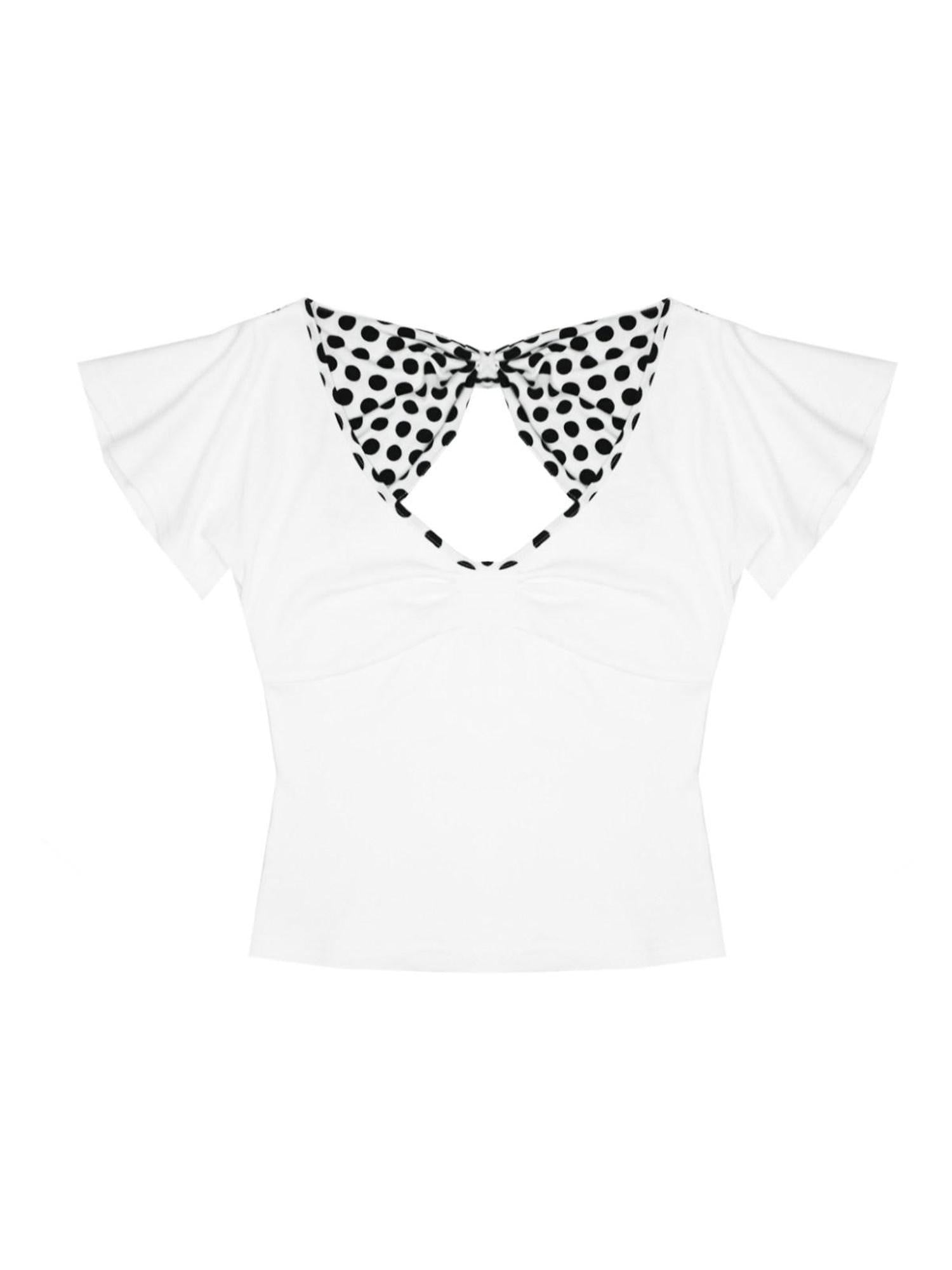 nit alcove Bow Detail Slim V-neck Cotton Polka Dot Commuter Women Basic Crop Tops