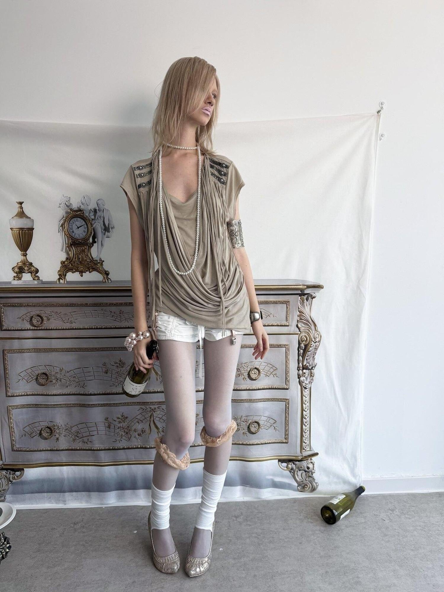 DoublePunch Desert Sand Asymmetric Draped Tassel Knit Women&