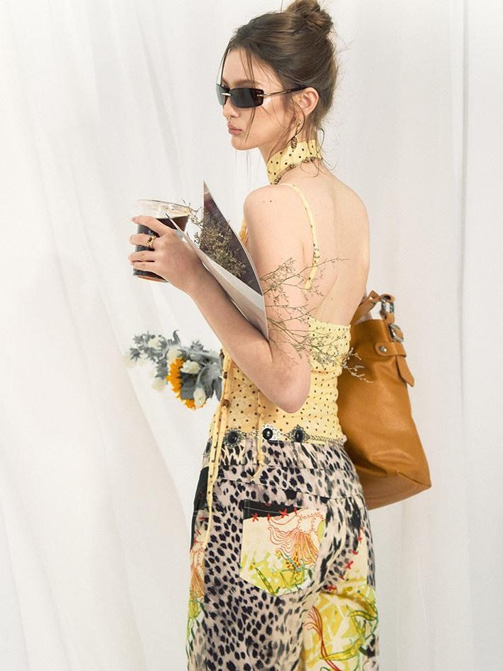 OfAkiva Yellow Polka Dot Printed Asymmetric Tassel Lapel Women&