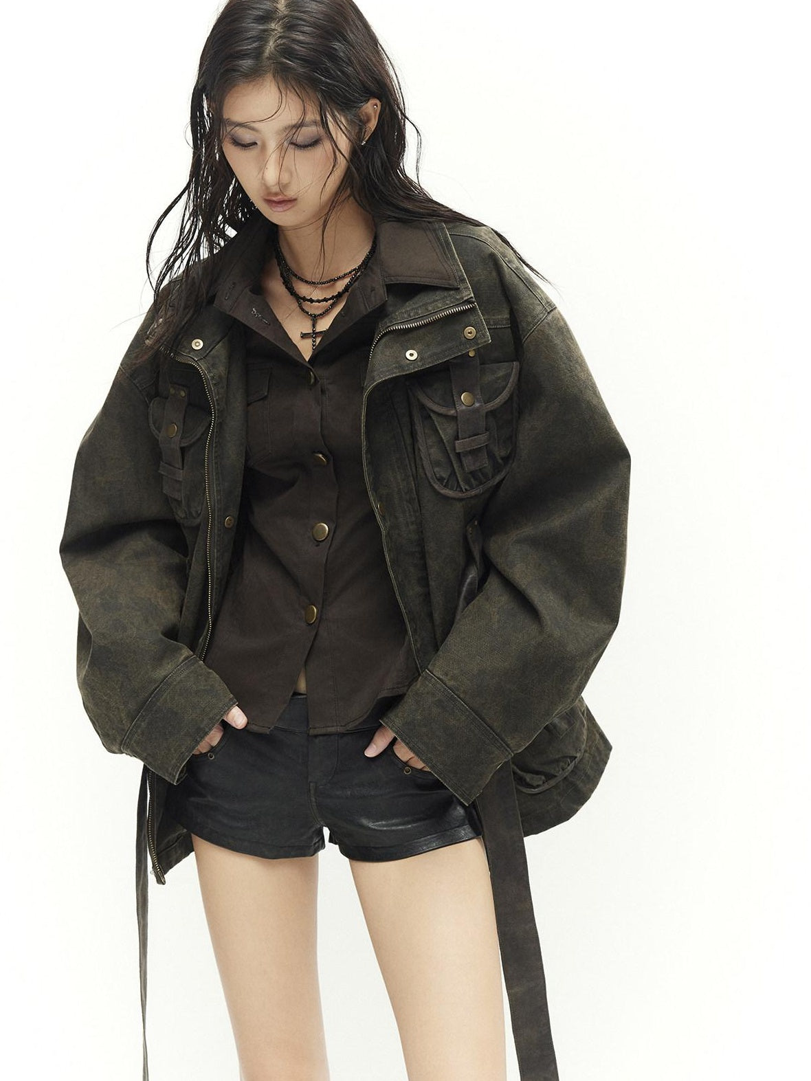 Low pixel Insulated Utility Slim Multi Pocket Stand Collar Women Cropped Jackets