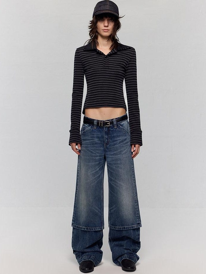 RUN TO THE FUTURE Washed Blue Denim Low Waist Relaxed Fit Casual Zipper Fly Wide-Leg Jeans