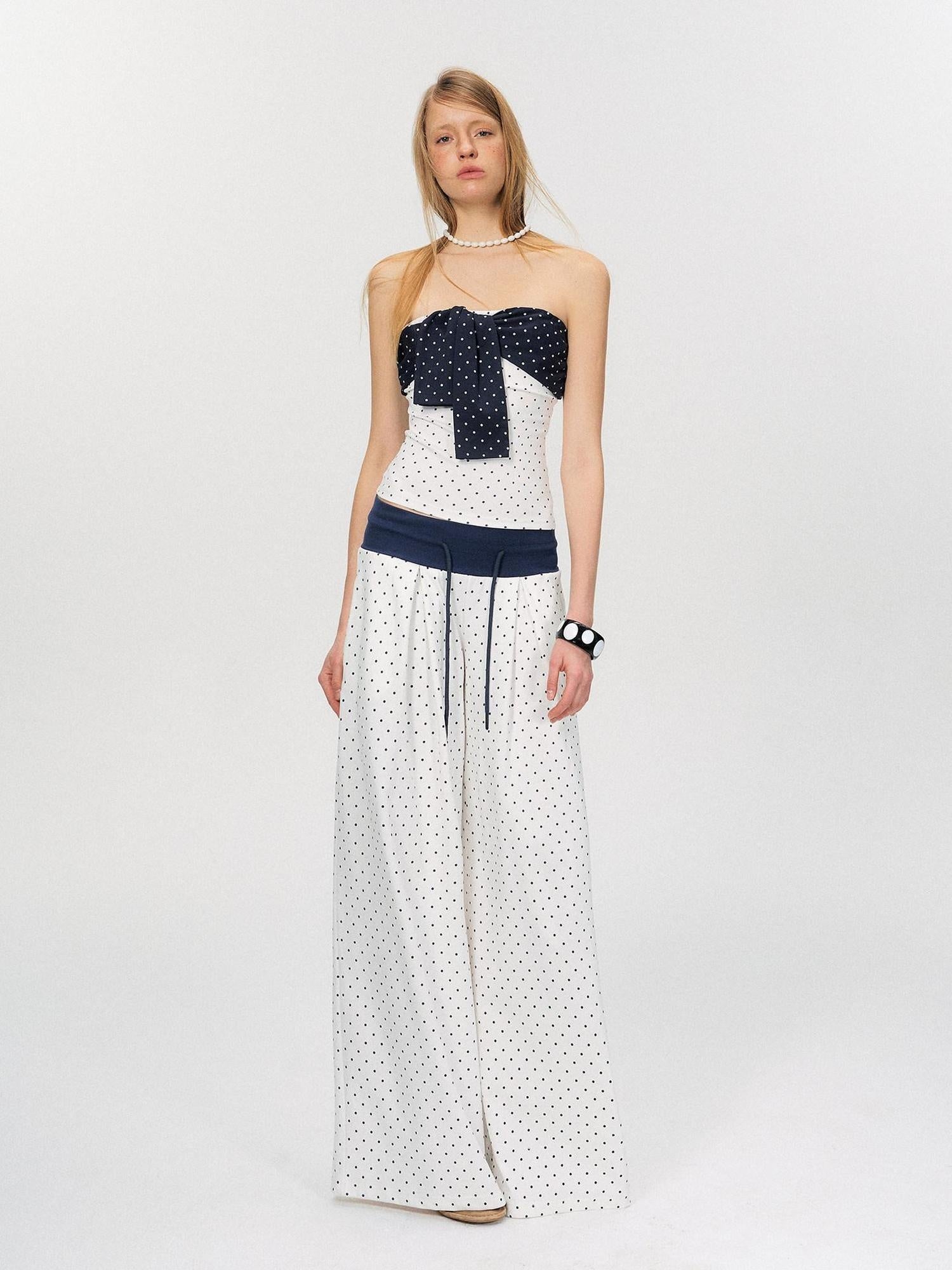 The NeverMore Polka Dot Cotton Two Piece Colorblock Sexy High Waist Pants Tube Tops