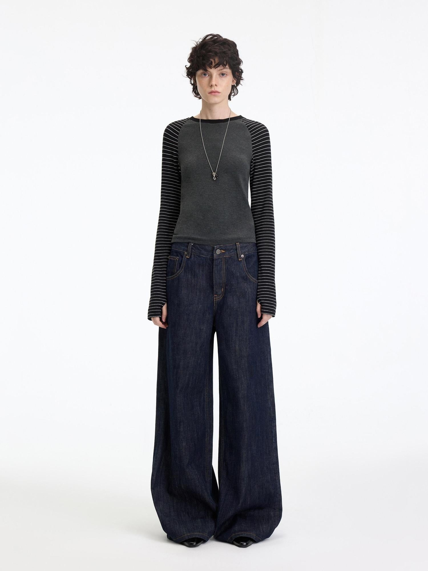 RUN TO THE FUTURE Casual Natural Waist Wide Leg Cotton Zipper Women Indigo Straight Jeans