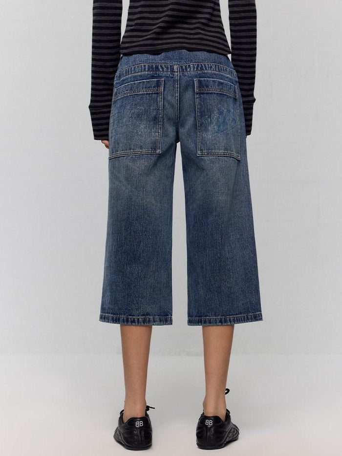 RUN TO THE FUTURE Washed Blue Denim Low Waist Relaxed Fit Casual Zipper Fly Wide-Leg Jeans