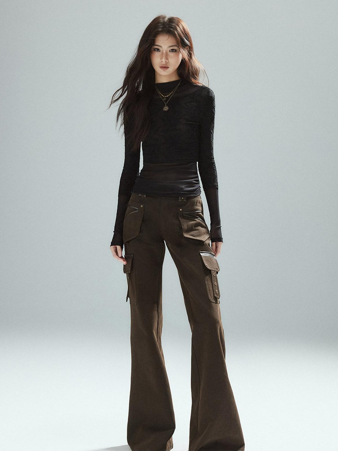 Low pixel Slim Low Rise Cotton Flare Street Style Zipper Brown Women Cargo Pants
