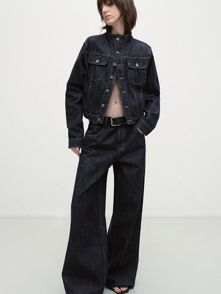 RUN TO THE FUTURE Indigo Two Piece Denim Set Button Jacket Casual Neutral Female Wide-Leg Jeans