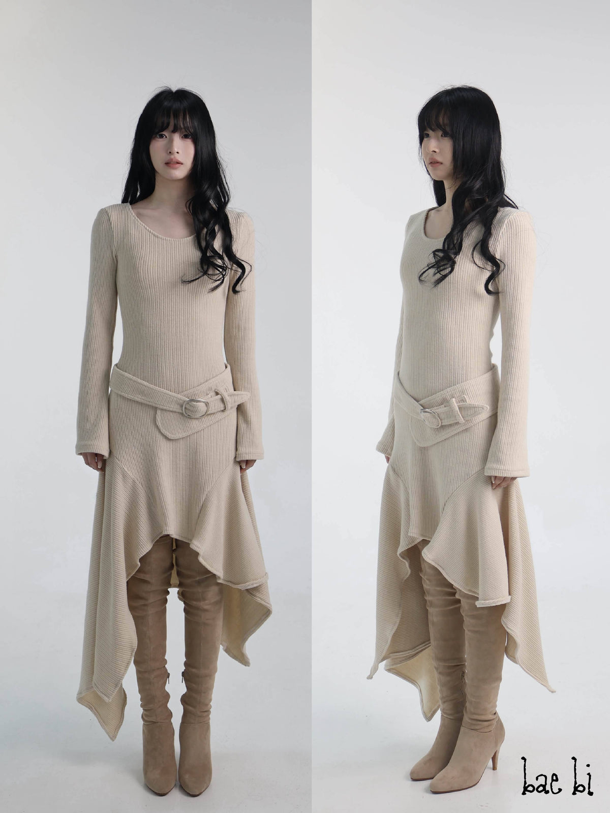 bae_bi_Ribbed_Stripe_Asymmetric_Hem_Long_Sleeve_Flared_Cuff_Women&
