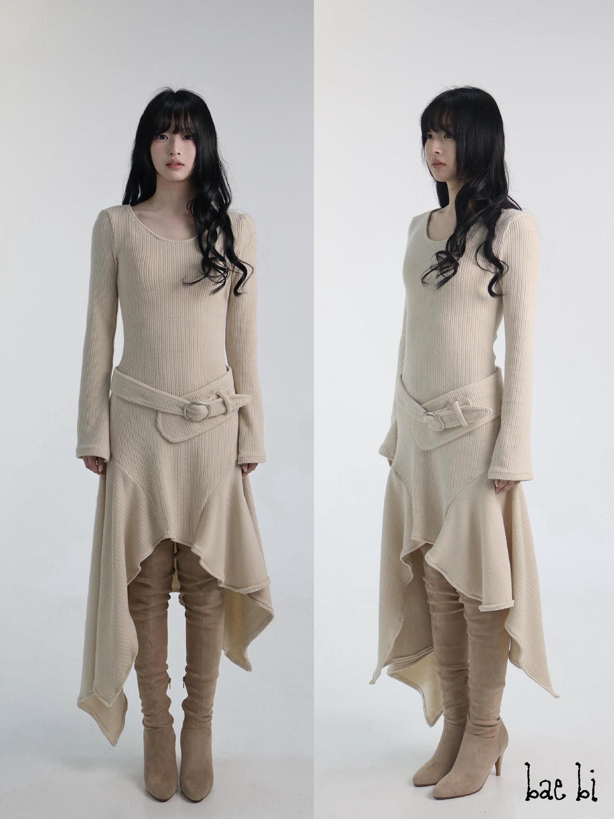bae bi Ribbed Stripe Asymmetric Hem Long Sleeve Flared Cuff Women&
