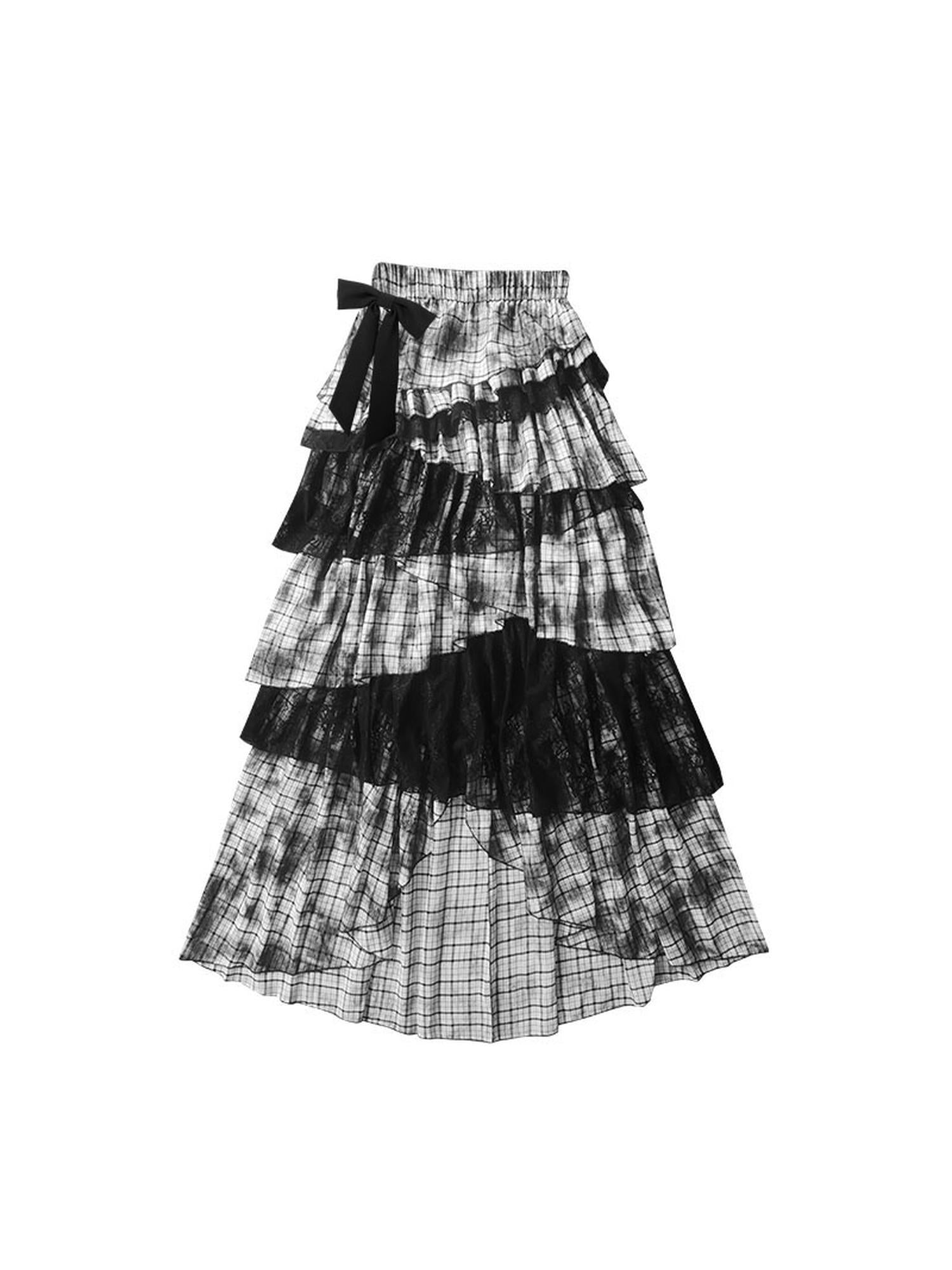 WSW WUSHENWU Gothic Lace Plaid Asymmetrical Cake Skirt