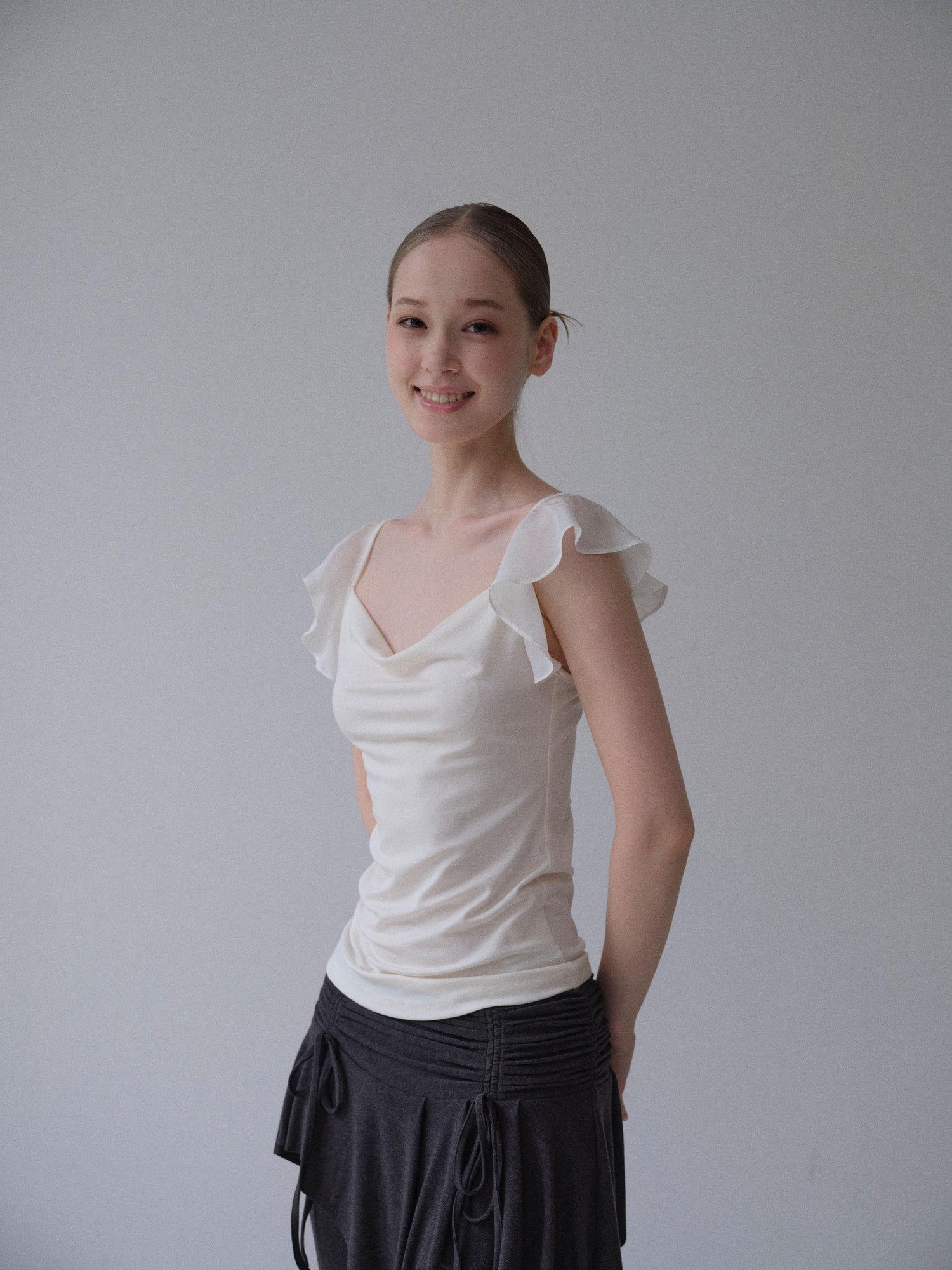 DKZ OFFICIAL Apricot Cowl Neck Slim Fit Mini Flutter Sleeve Women&