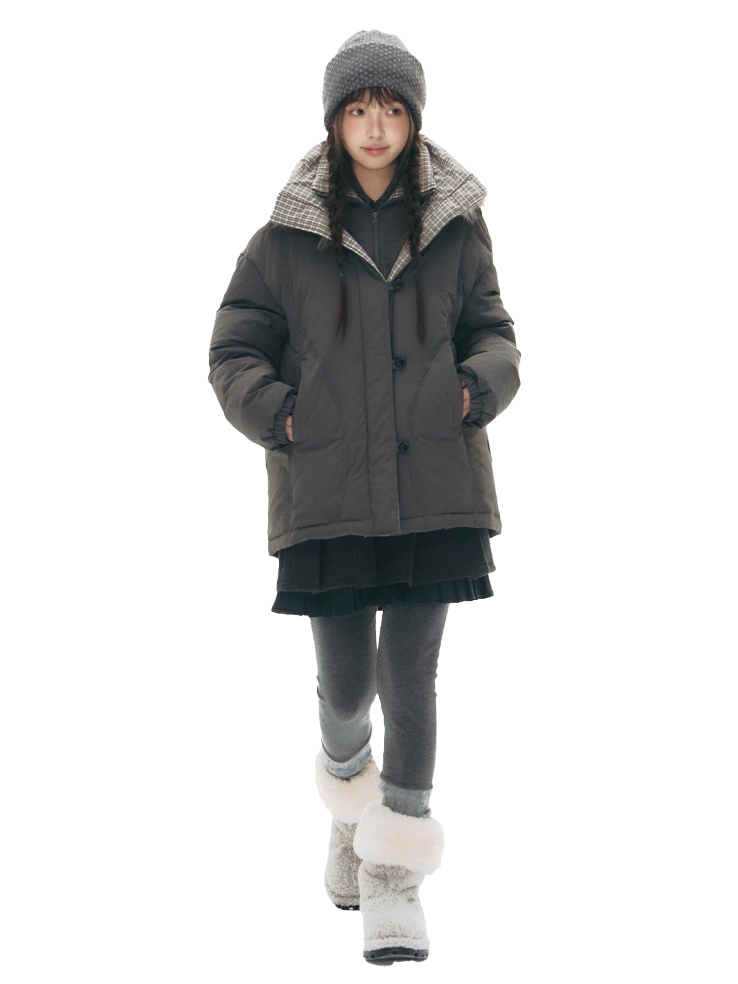 NAPSNAPS White Fur Hooded Double Collar Faux Two Piece Women&