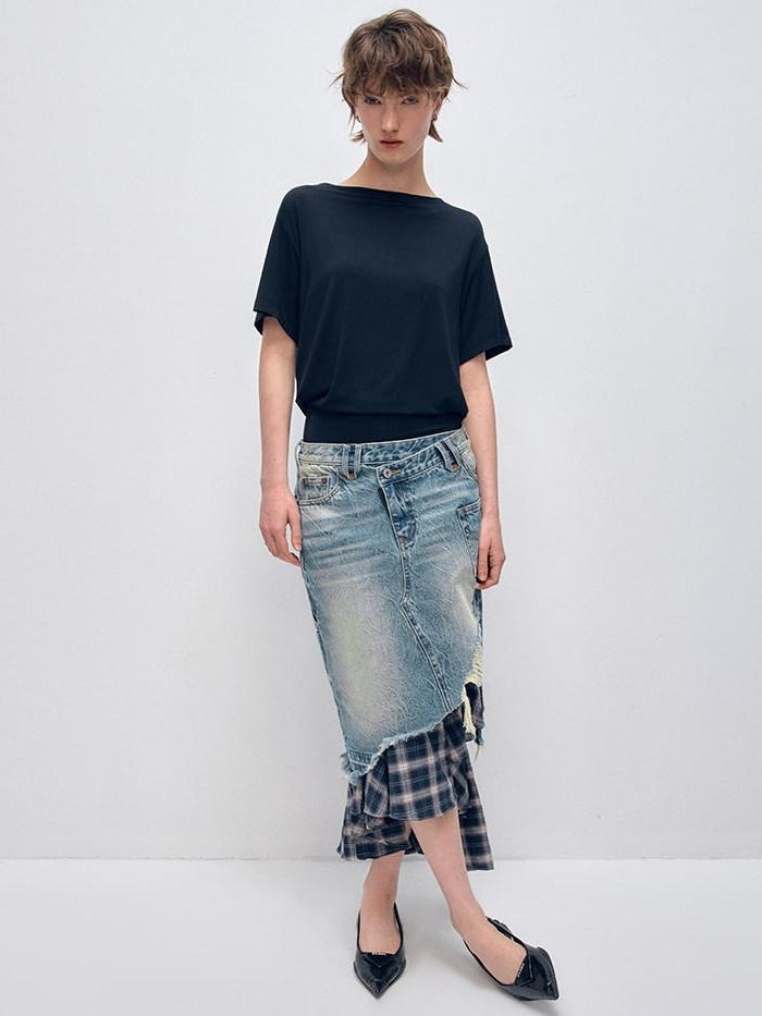 RUN TO THE FUTURE Vintage Patchwork Distressed Low Waist Slim A Line Denim Women Midi Skirts