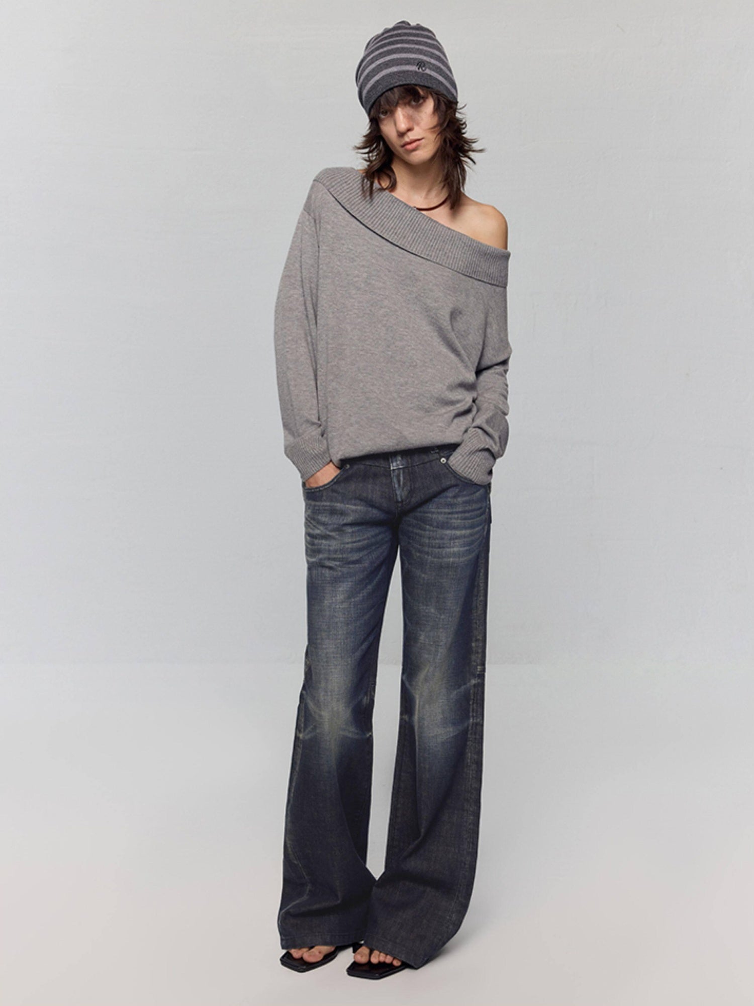 RUN TO THE FUTURE Vintage Commuter Loose Tie Asymmetric Neck Women Grey Knit Long Sleeve T-Shirts