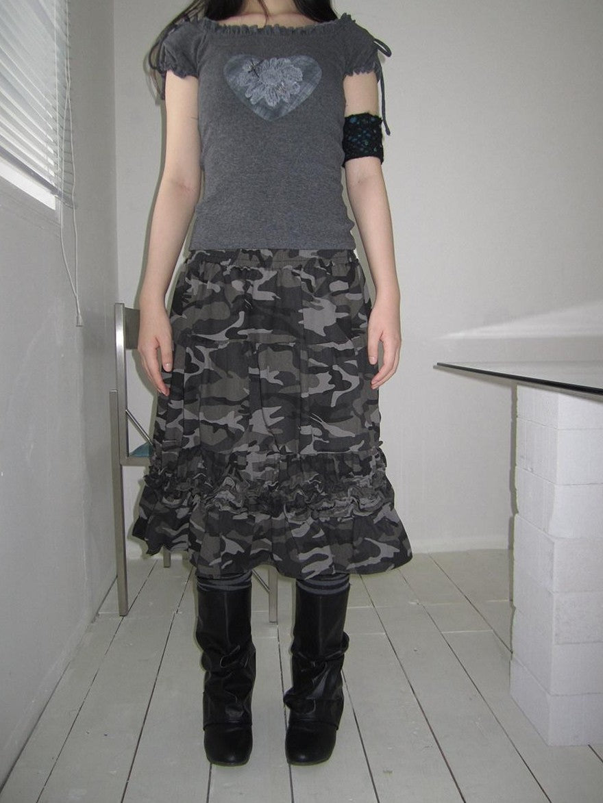 ang project Camouflage Ruffle Edge Patchwork Elastic Waist Women&