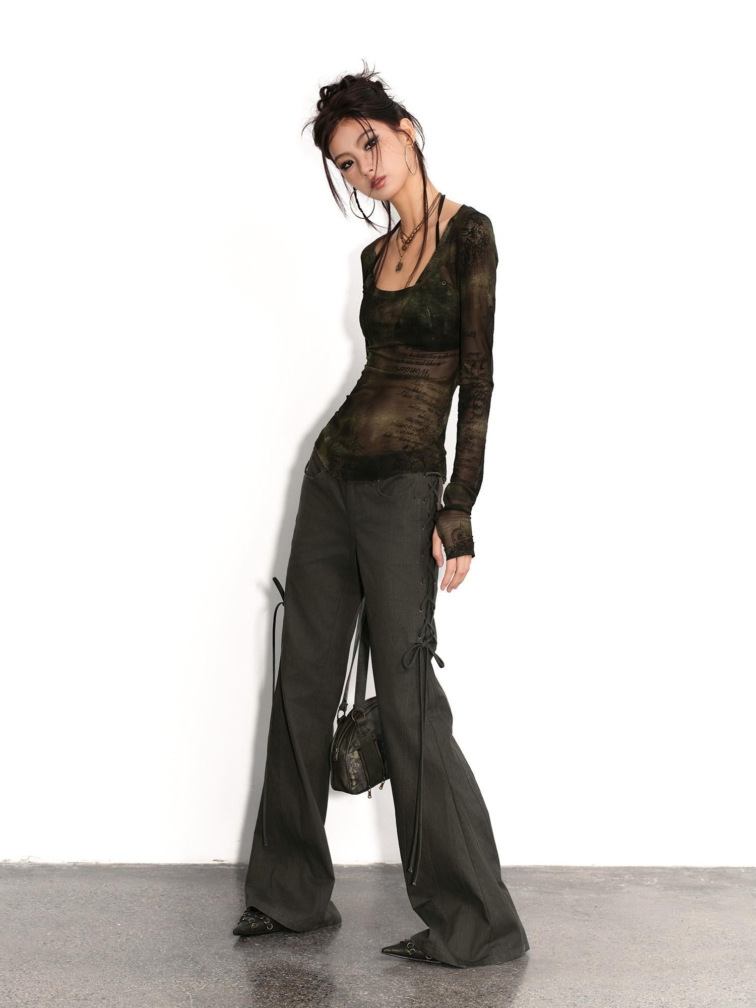 Low pixel Pure Cotton Low Waist Slim Fit Casual Women Olive Green Flared Pants