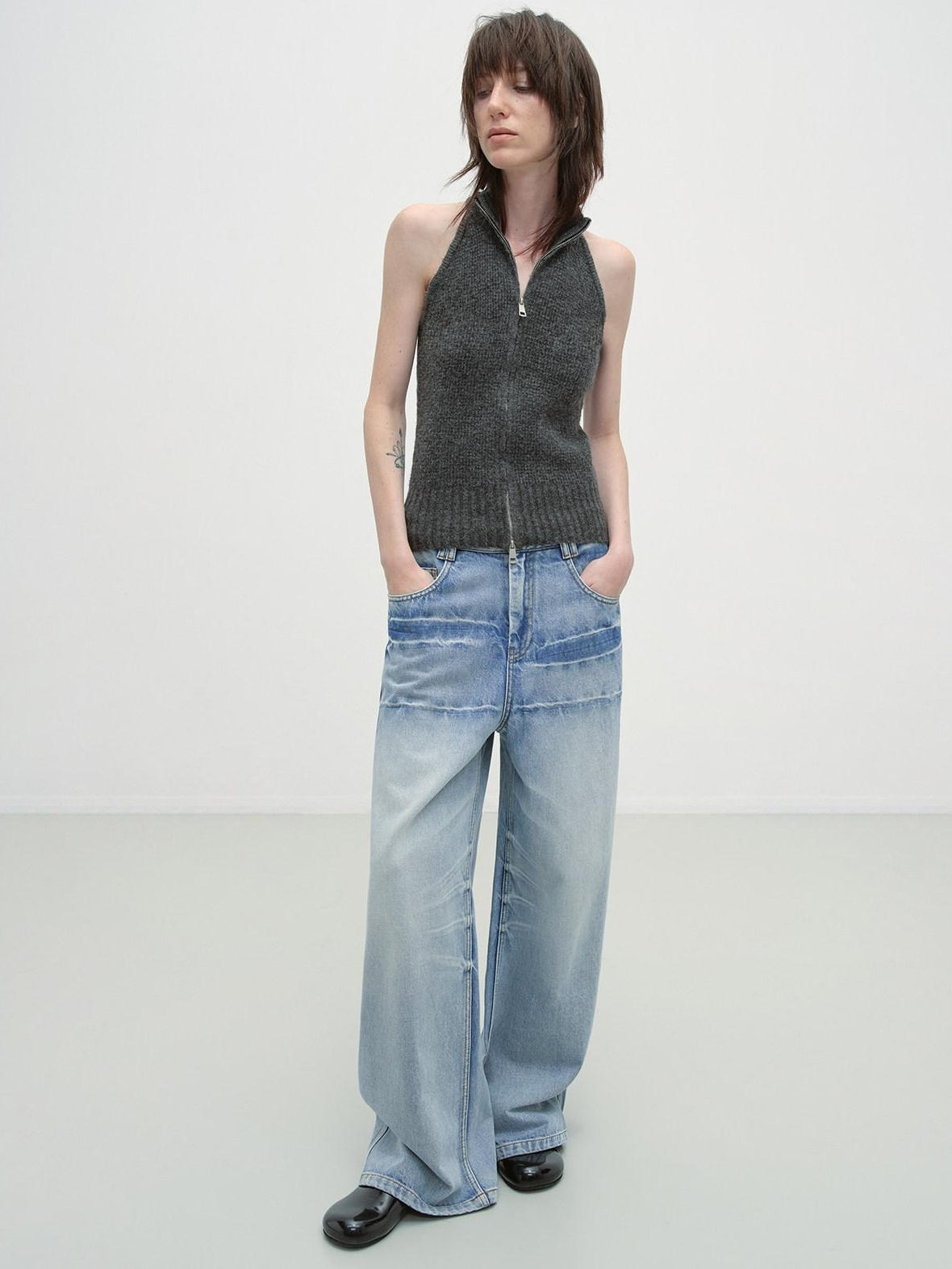 RUN TO THE FUTURE Washed Low Waist Casual Loose Fit Cotton Zipper Women Denim Blue Wide-Leg Jeans