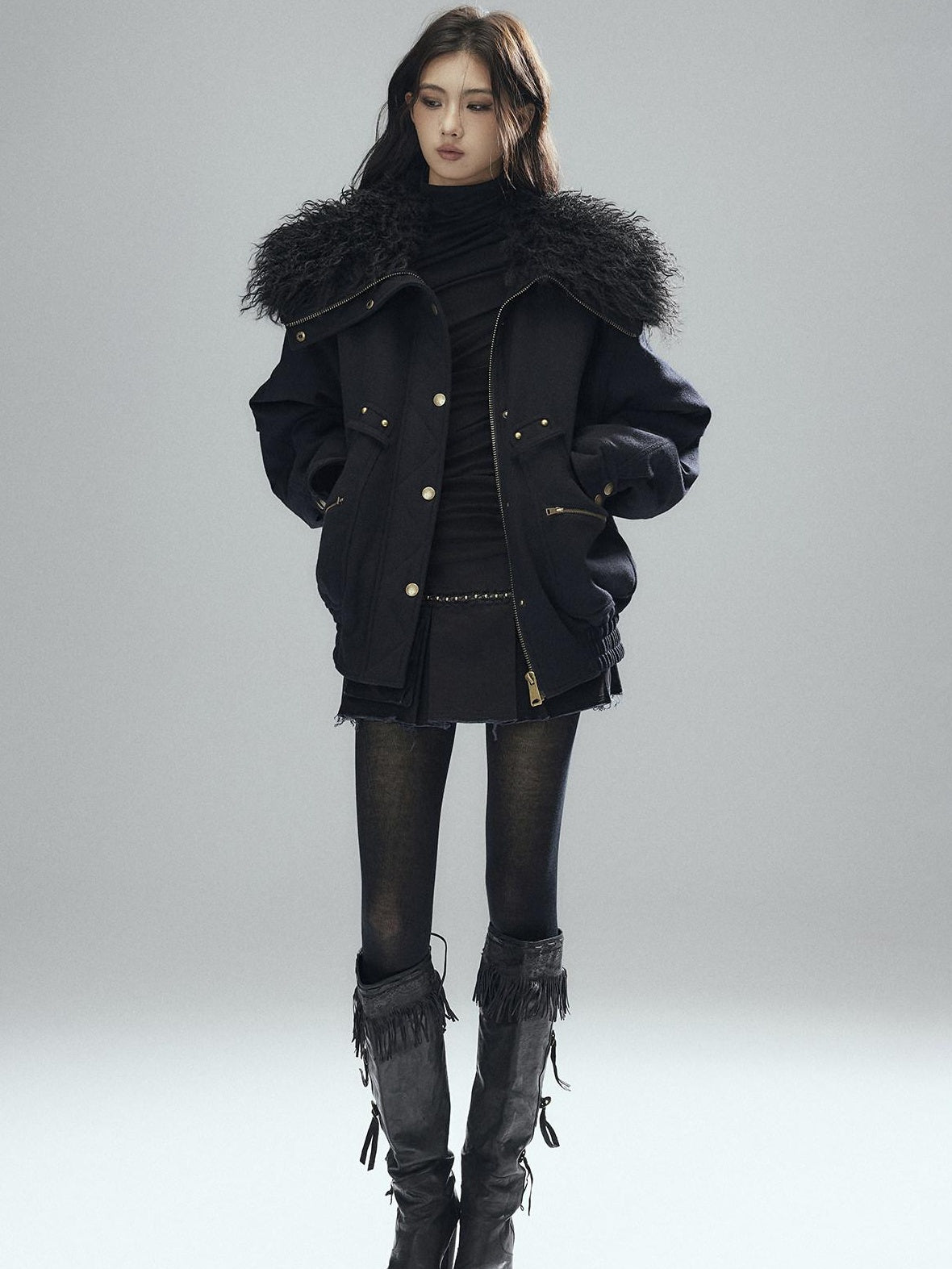 Low pixel Thick Wool Blend Multi Pocket Loose Fit Sexy Girl Black Zipper Cropped Jackets