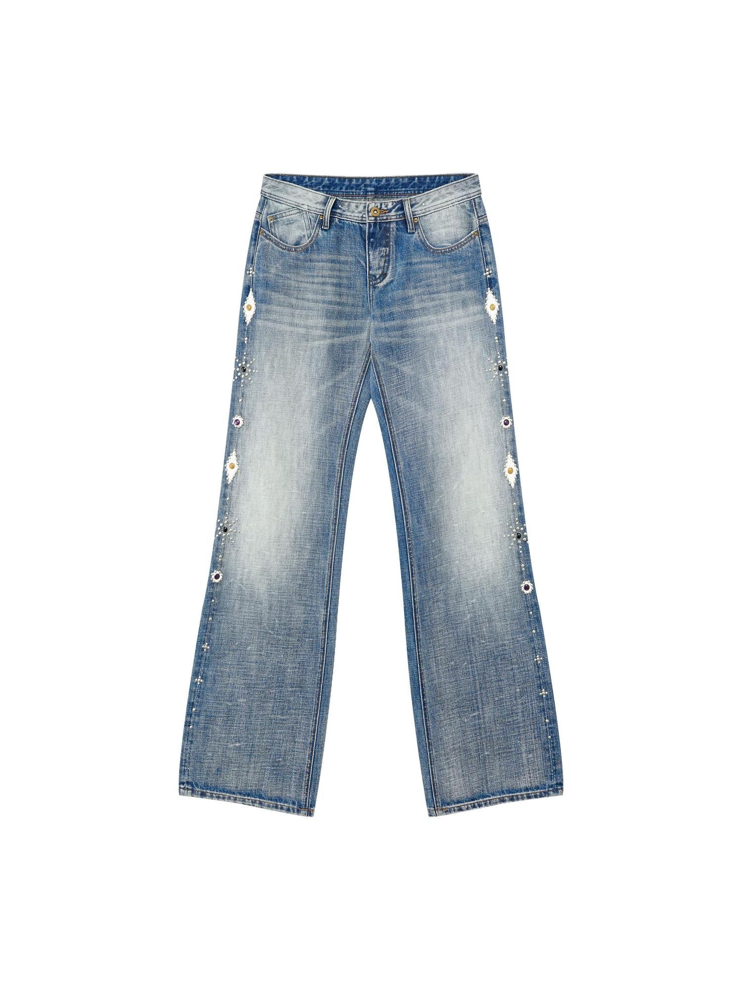 RUN TO THE FUTURE Washed Embroidered Low Rise Straight Cotton Button Fly Women Blue Wide-Leg Jeans