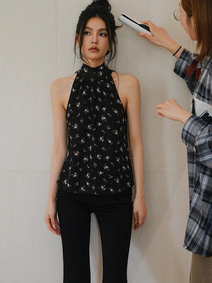 FU FRESH UP Black Floral Stand Collar Tie Neck Chiffon Women&