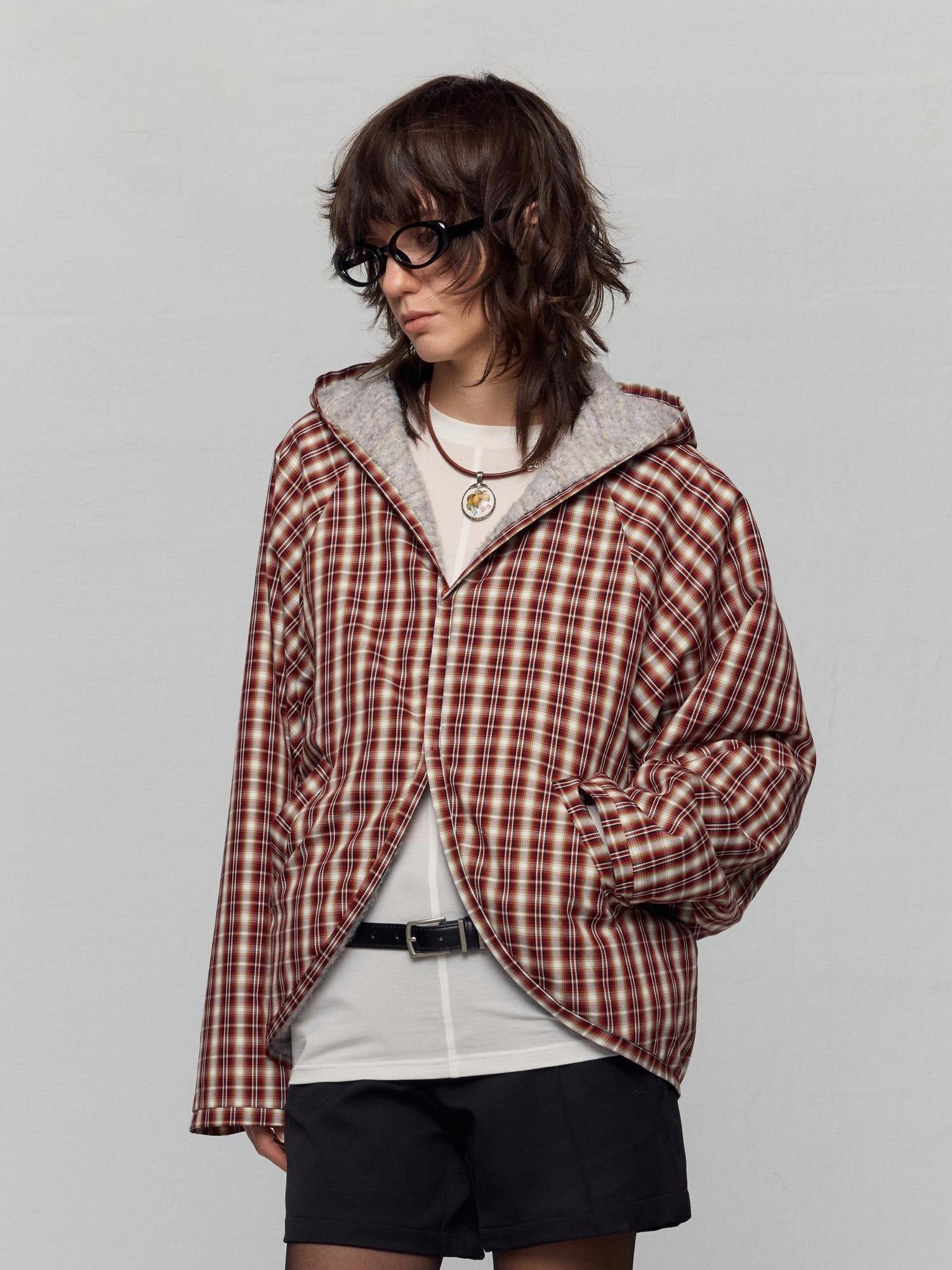 RUN TO THE FUTURE Original Design Loose Fit Contrast Plaid Pocket Zip Up Women Poly Wool Hoodies