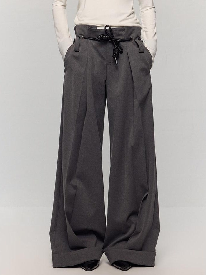 RUN TO THE FUTURE Minimalist Original Tie Detail Low Rise Zipper Women Rock Gray Wide-Leg Pants