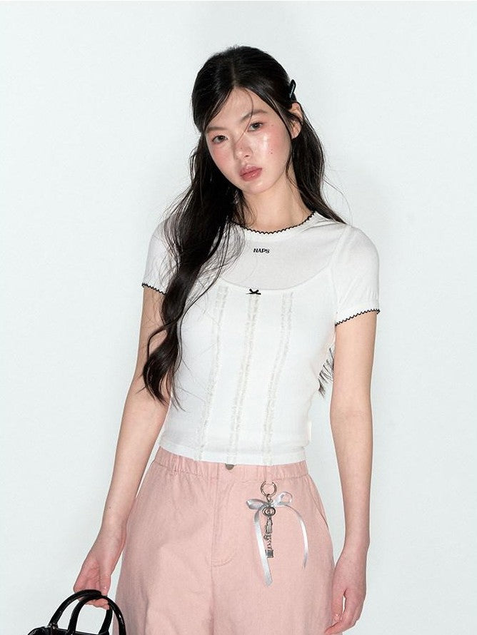 NAPSNAPS Layered Cropped Spliced Lace Trim Women&