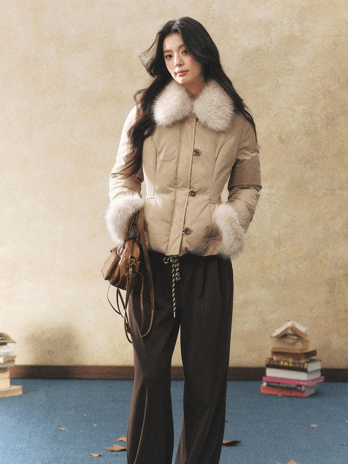 7Shiftin Warm Down Filled Plush Fur Collar Slim Fit Button Cropped Women Knit Sweaters